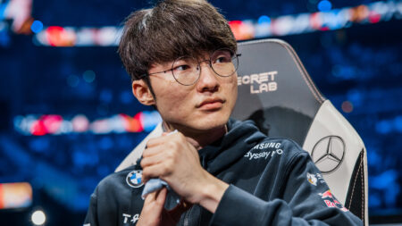 ATLANTA, GEORGIA - OCTOBER 29: Lee "Faker" Sang-hyeok of T1 prepares to compete at the League of Legends World Championship Semifinals on October 29, 2022 in Atlanta, GA.