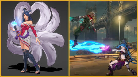 Model of Ahri next to Jinx and Ekko fighting for Project L